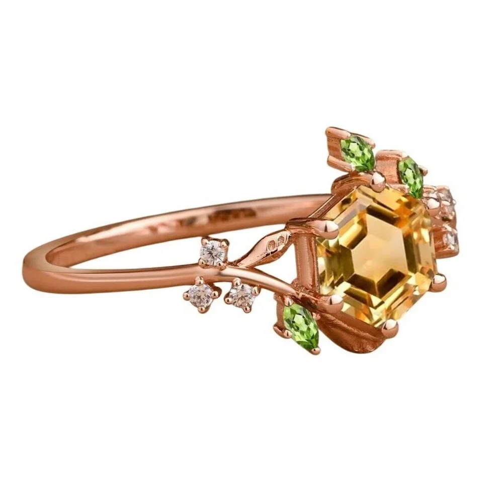 Hexagon Cut Citrine & Peridot Engagement Bridal Ring in Timeless rose gold